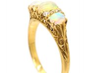 Edwardian 18ct Gold Three Stone Opal & Diamond Carved Half Hoop Ring