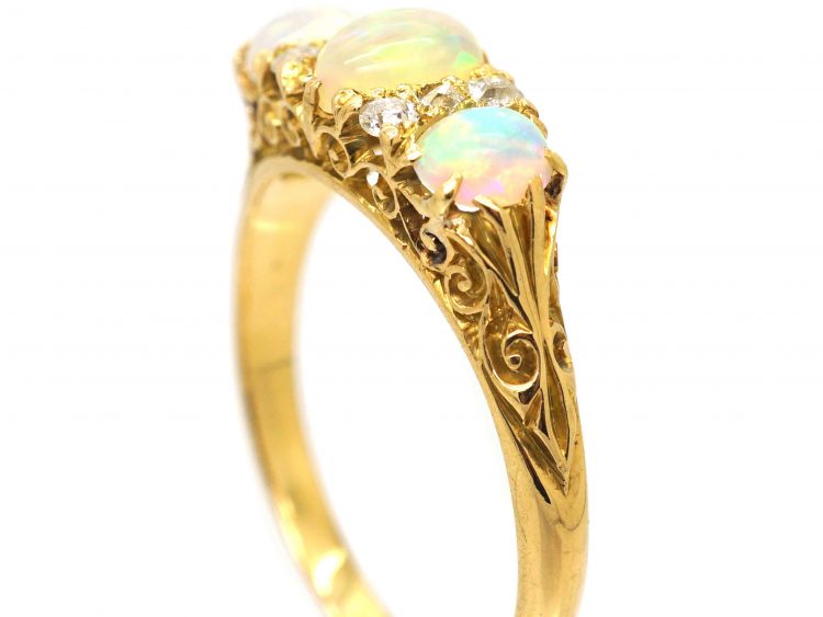 Edwardian 18ct Gold Three Stone Opal & Diamond Carved Half Hoop Ring