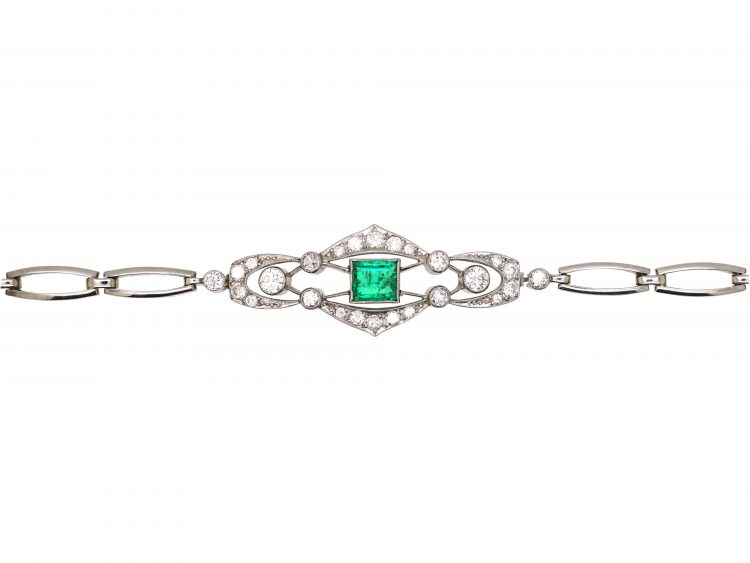Art Deco 18ct White Gold, Emerald & Diamond Bracelet