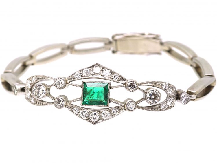 Art Deco 18ct White Gold, Emerald & Diamond Bracelet