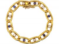Early 20th Century French 18ct Gold Hammered Bracelet set with Sapphires & Diamonds