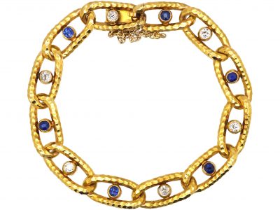 Early 20th Century French 18ct Gold Hammered Bracelet set with Sapphires & Diamonds