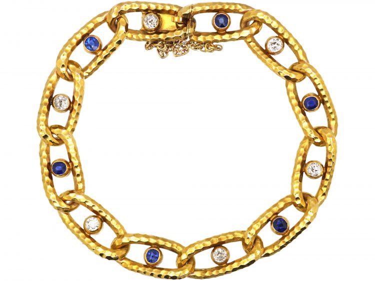 Early 20th Century French 18ct Gold Hammered Bracelet set with Sapphires & Diamonds