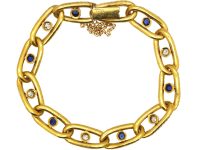 Early 20th Century French 18ct Gold Hammered Bracelet set with Sapphires & Diamonds