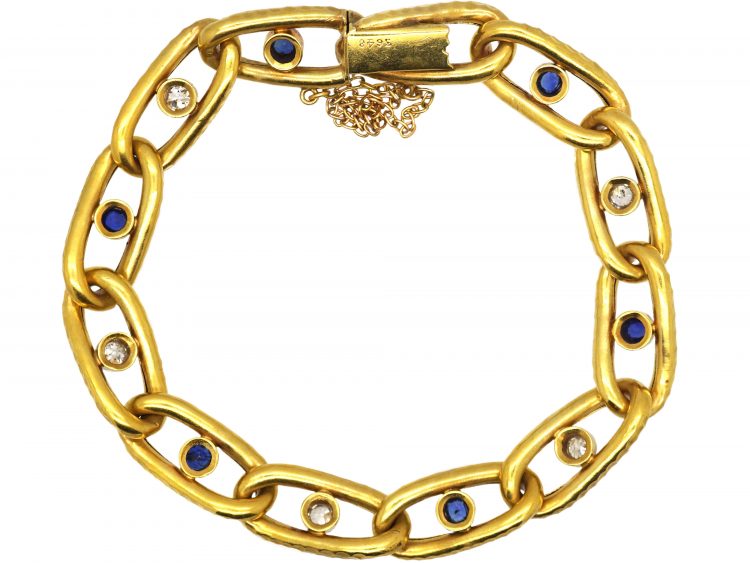 Early 20th Century French 18ct Gold Hammered Bracelet set with Sapphires & Diamonds