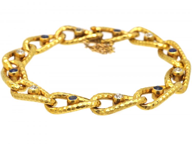 Early 20th Century French 18ct Gold Hammered Bracelet set with Sapphires & Diamonds