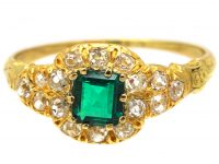 Early Victorian 18ct Gold Cluster Ring set with an Emerald & Diamonds