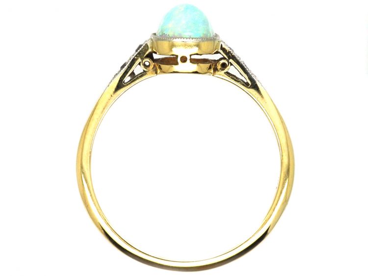Edwardian 18ct Gold & Platinum Ring set with a Cabochon Opal with Diamond Shoulders