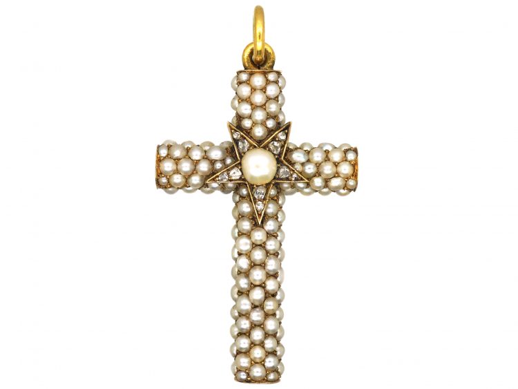Victorian 18ct Gold Cross with a Star in the Centre set with Natural Split Pearls & Rose Diamonds