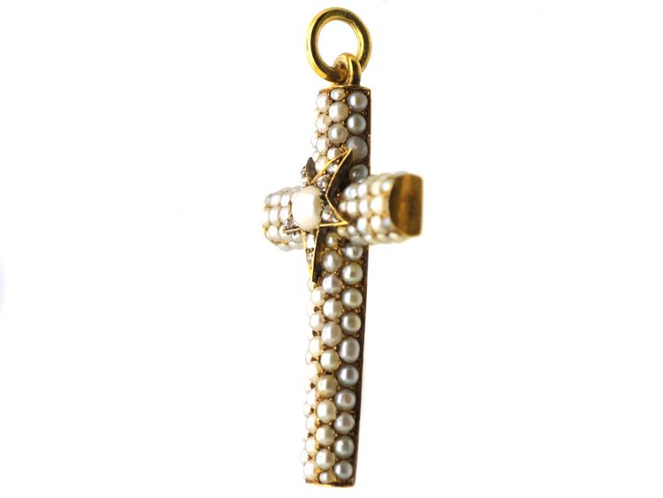 Victorian 18ct Gold Cross with a Star in the Centre set with Natural Split Pearls & Rose Diamonds