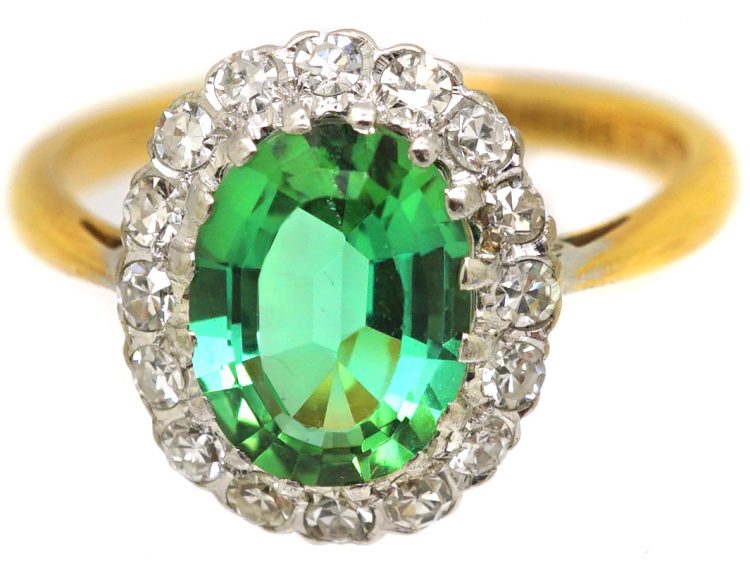18ct Gold & Platinum 18ct Gold Cluster Ring set with a Mint Green Tourmaline & Diamonds by Charles Green & Sons