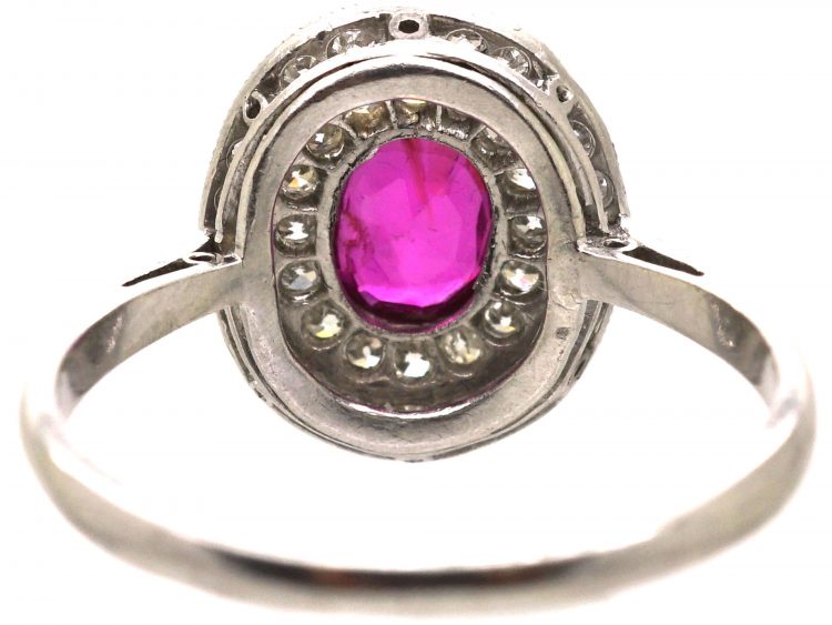 Edwardian 18ct White Gold, Ruby & Diamond Oval Cluster Ring