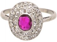 Edwardian 18ct White Gold, Ruby & Diamond Oval Cluster Ring