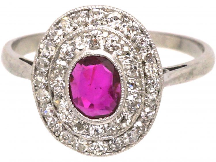 Edwardian 18ct White Gold, Ruby & Diamond Oval Cluster Ring