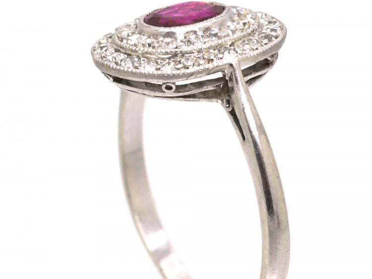 Edwardian 18ct White Gold, Ruby & Diamond Oval Cluster Ring