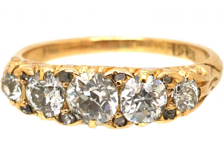 Edwardian 18ct Gold Five Stone Diamond Carved Half Hoop Ring