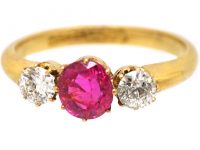 Edwardian 18ct Gold Pink Sapphire & Diamond Three Stone Ring