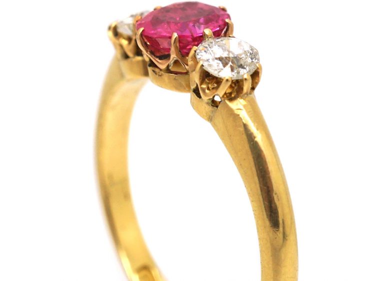 Edwardian 18ct Gold Pink Sapphire & Diamond Three Stone Ring