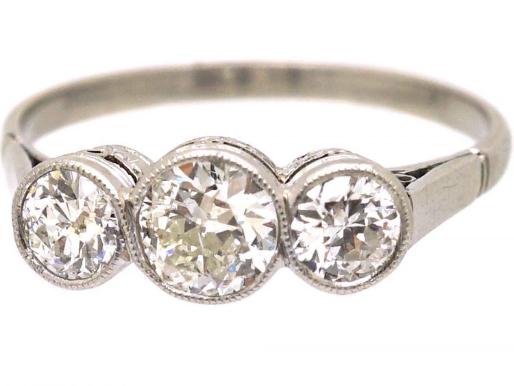 Edwardian Platinum, Three Stone Diamond Rub Over set Ring