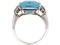 Retro 18ct White Gold, Rectangular Cut Aquamarine & Diamond Ring