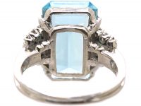 Retro 18ct White Gold, Rectangular Cut Aquamarine & Diamond Ring