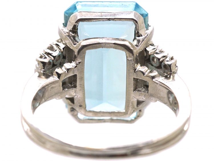 Retro 18ct White Gold, Rectangular Cut Aquamarine & Diamond Ring