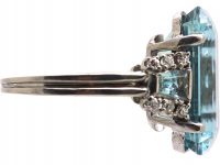 Retro 18ct White Gold, Rectangular Cut Aquamarine & Diamond Ring