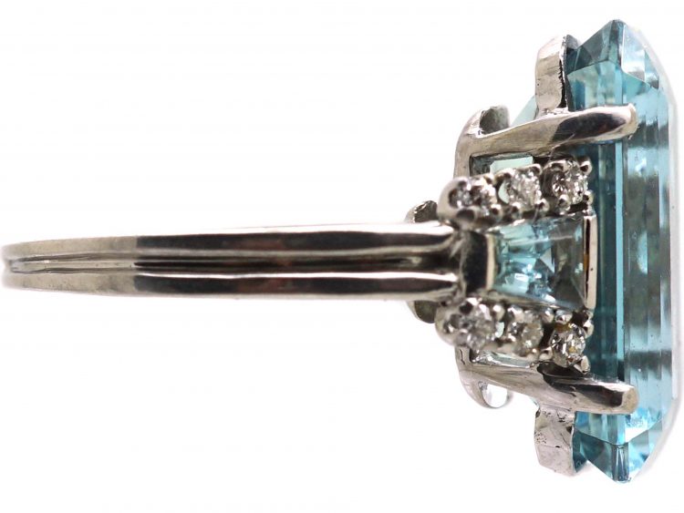 Retro 18ct White Gold, Rectangular Cut Aquamarine & Diamond Ring