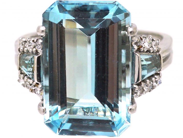 Retro 18ct White Gold, Rectangular Cut Aquamarine & Diamond Ring