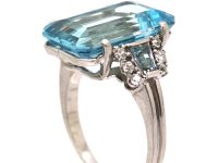 Retro 18ct White Gold, Rectangular Cut Aquamarine & Diamond Ring