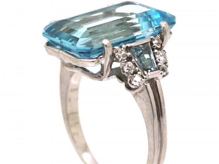 Retro 18ct White Gold, Rectangular Cut Aquamarine & Diamond Ring