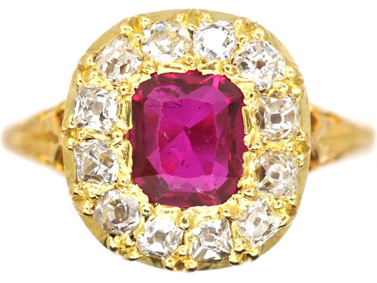 French Late 19th Century 18ct Gold, Ruby & Old Mine Cut Diamond Cluster Ring