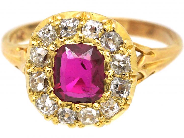 French Late 19th Century 18ct Gold, Ruby & Old Mine Cut Diamond Cluster Ring