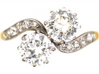 Edwardian 18ct Gold & Platinum Two Stone Diamond Crossover Ring with Diamond Shoulders