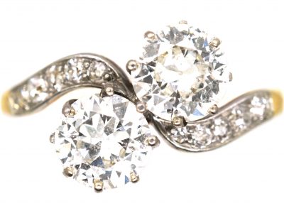 Edwardian 18ct Gold & Platinum Two Stone Diamond Crossover Ring with Diamond Shoulders