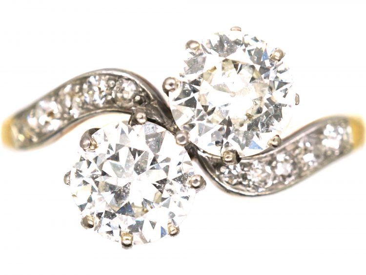 Edwardian 18ct Gold & Platinum Two Stone Diamond Crossover Ring with Diamond Shoulders