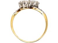 Edwardian 18ct Gold & Platinum Two Stone Diamond Crossover Ring with Diamond Shoulders