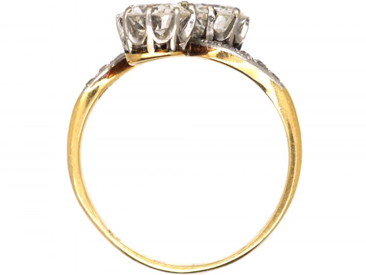 Edwardian 18ct Gold & Platinum Two Stone Diamond Crossover Ring with Diamond Shoulders