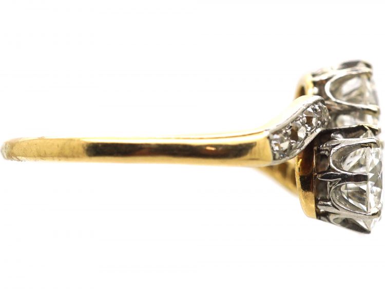Edwardian 18ct Gold & Platinum Two Stone Diamond Crossover Ring with Diamond Shoulders