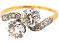 Edwardian 18ct Gold & Platinum Two Stone Diamond Crossover Ring with Diamond Shoulders