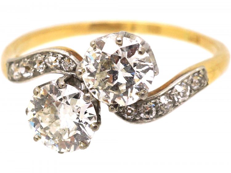 Edwardian 18ct Gold & Platinum Two Stone Diamond Crossover Ring with Diamond Shoulders