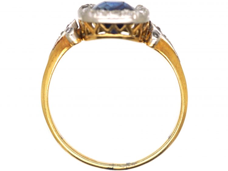 French Import Early 20th Century 18ct Gold & Platinum, Sapphire & Diamond Cluster Ring with Diamond set Shoulders