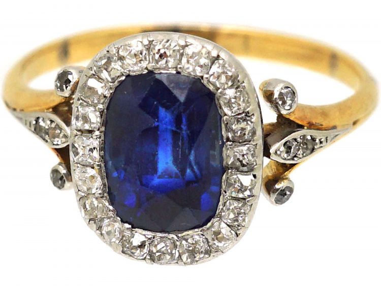 French Import Early 20th Century 18ct Gold & Platinum, Sapphire & Diamond Cluster Ring with Diamond set Shoulders