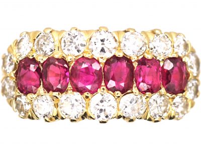 Edwardian 18ct Gold Six Stone Ruby Ring with Diamond Border