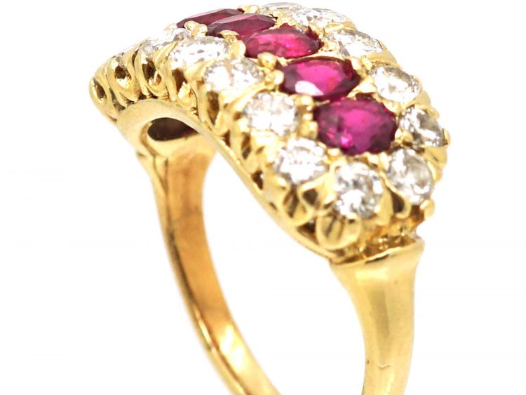 Edwardian 18ct Gold Six Stone Ruby Ring with Diamond Border