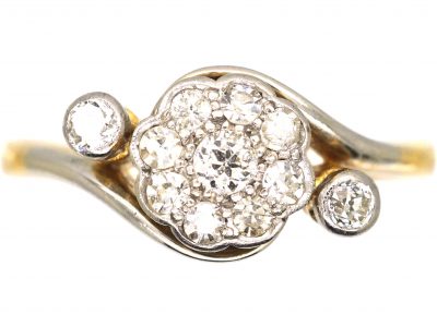 Edwardian 18ct Gold & Platinum, Diamond Cluster Ring with a Diamond on either side