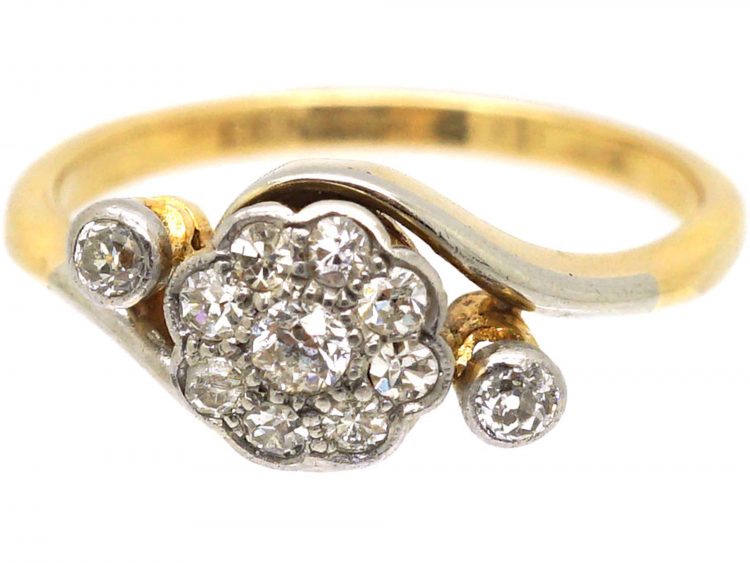 Edwardian 18ct Gold & Platinum, Diamond Cluster Ring with a Diamond on either side