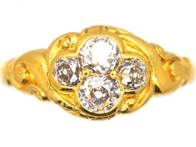 Early Victorian 18ct Gold Ornate Ring set with Four Old Mine Cut Diamonds