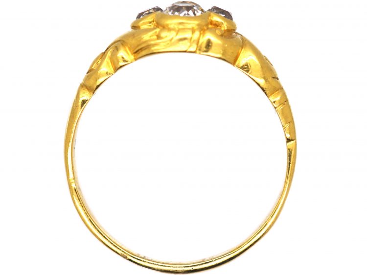 Early Victorian 18ct Gold Ornate Ring set with Four Old Mine Cut Diamonds