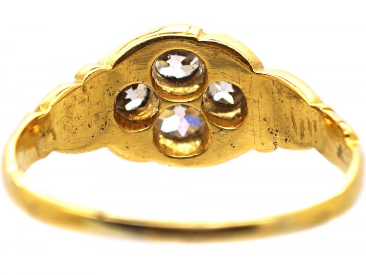 Early Victorian 18ct Gold Ornate Ring set with Four Old Mine Cut Diamonds